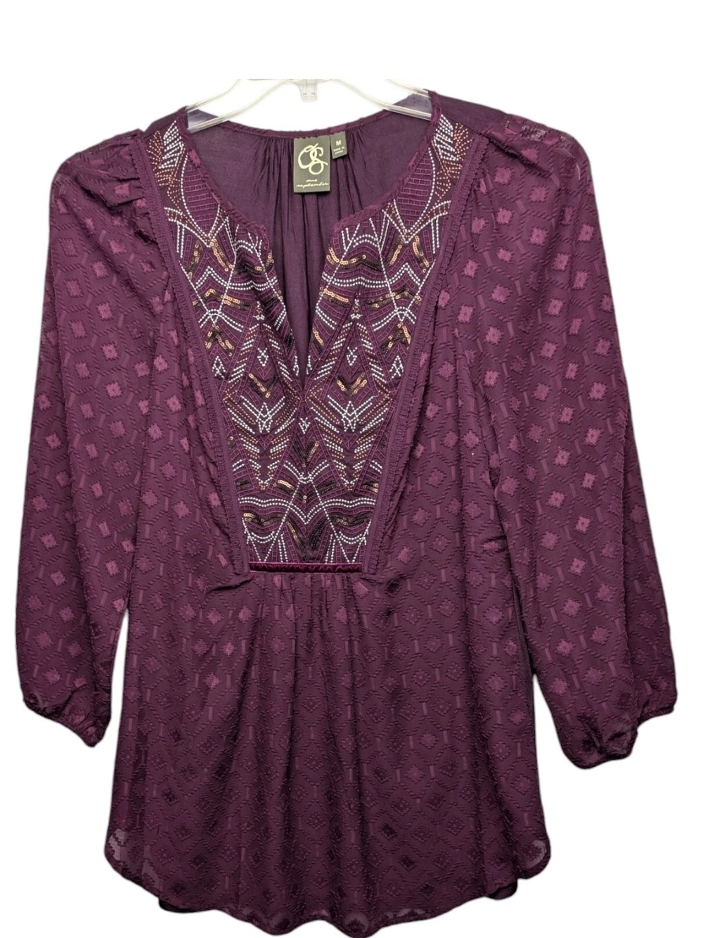 Anthropolgie One September Madiran Embroidered Peasant Blouse in Plum